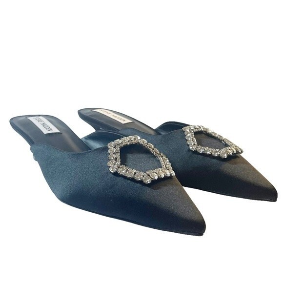 NWT Steve Madden Kees Black Satin Rhinestone Buckle Kitten Heel Mule Size 8.5 - Picture 7 of 16